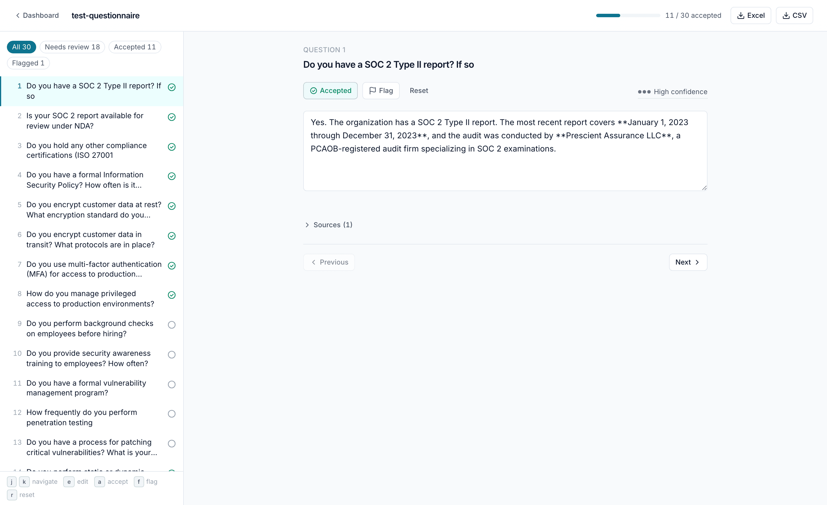 The SecureReply review screen: a question list on the left with accepted and needs-review statuses, and a drafted answer with its source citation on the right.